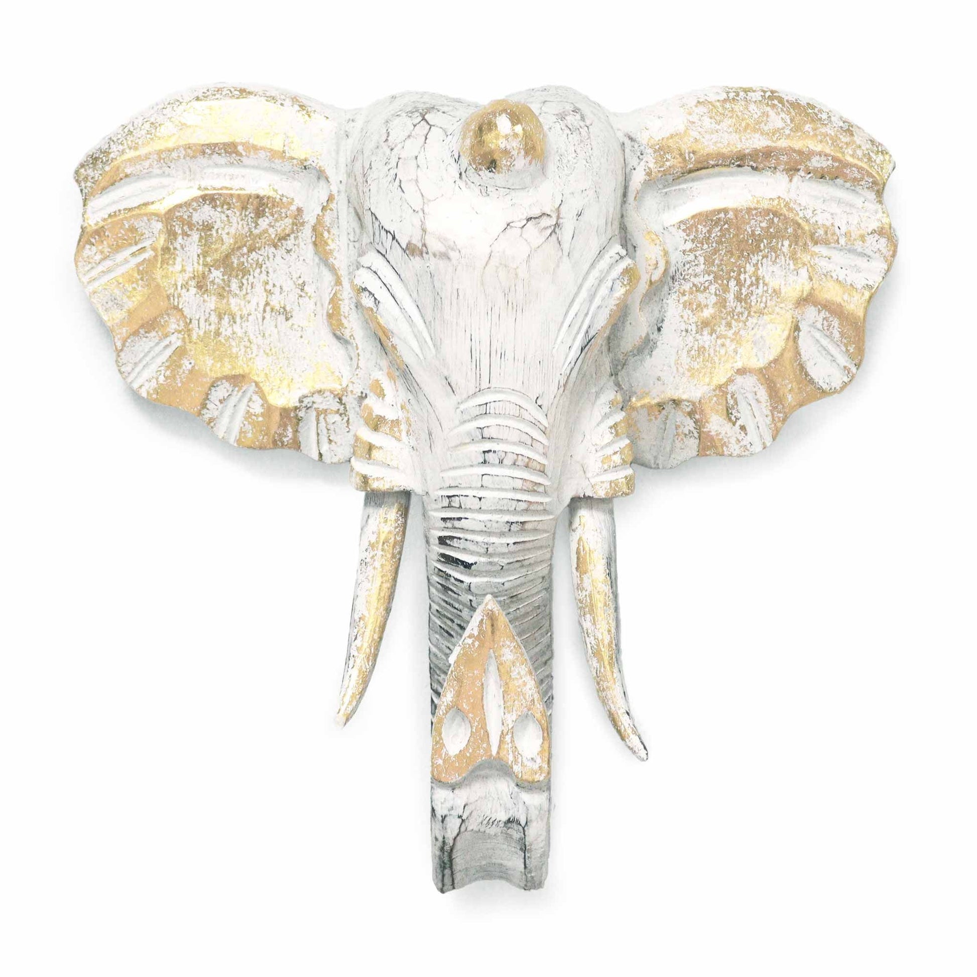 Cabeza de elefante decorativa en blanco y dorado, hecha de resina con un estilo vintage y texturizado.