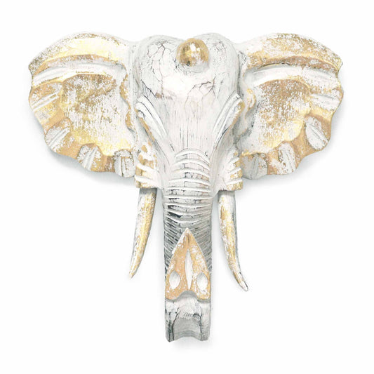 Cabeza de elefante decorativa en blanco y dorado, hecha de resina con un estilo vintage y texturizado.