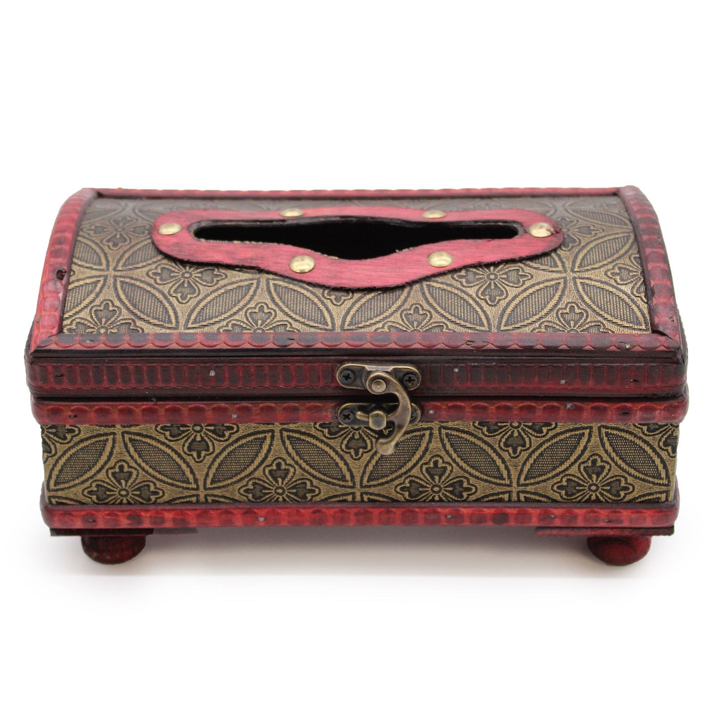 Caja de madera decorativa en tonos rojo y dorado, con tapa de diseño floral y cerradura de metal. Ideal para almacenamiento.