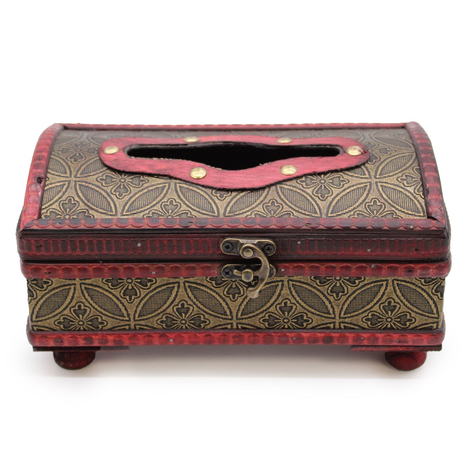 Caja de madera decorativa en tonos rojo y dorado, con tapa de diseño floral y cerradura de metal. Ideal para almacenamiento.