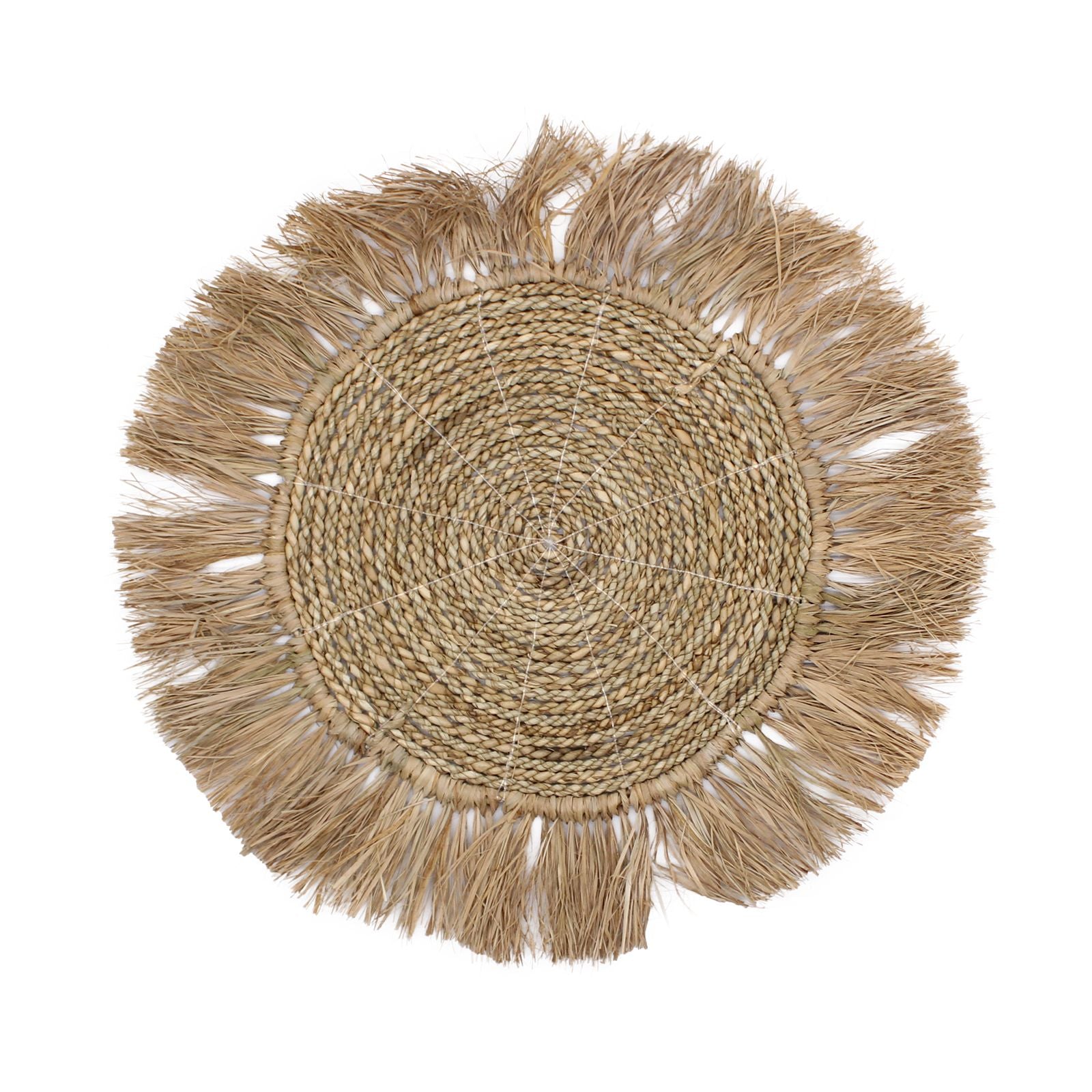 Alfombrilla redonda de yute natural con flecos, color beige, estilo boho, ideal para decoración de interiores.