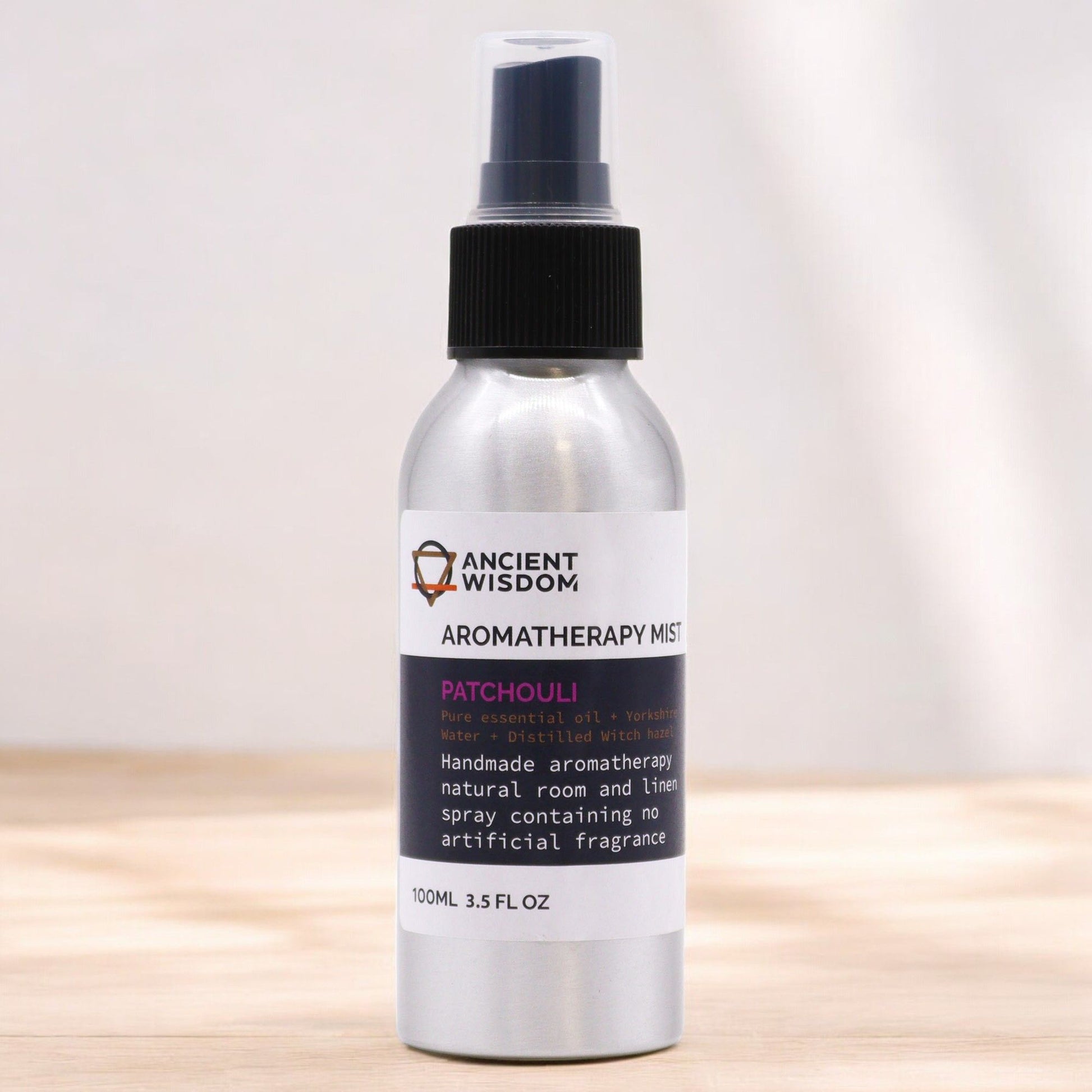 Nebulizador de aromaterapia en botella plateada, aroma a pachulí, 100 ml, hecho a mano con ingredientes naturales.