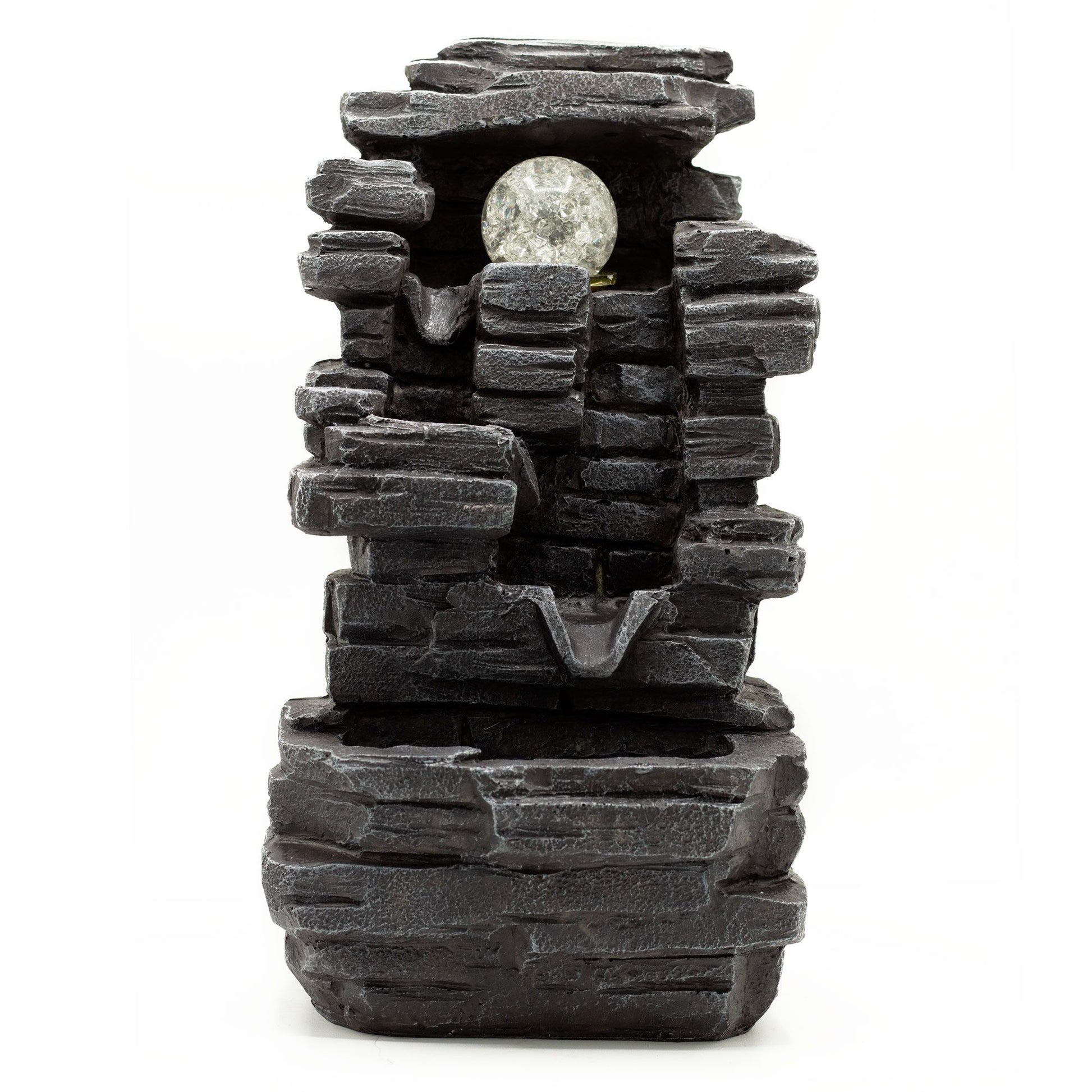 Fuente de mesa Ancient Wisdom: cascada de roca gris oscuro con niveles escalonados y bola de cristal brillante superior.