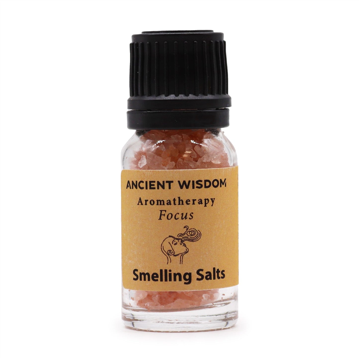 Frasco pequeño de cristal con sales rosadas, tapa negra y etiqueta color beige de Ancient Wisdom para enfoque mental.