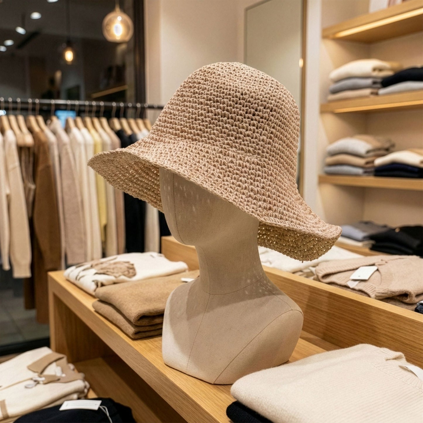 Sombrero de paja trenzada color beige, estilo playero, ideal para verano, exhibido en una tienda de moda.