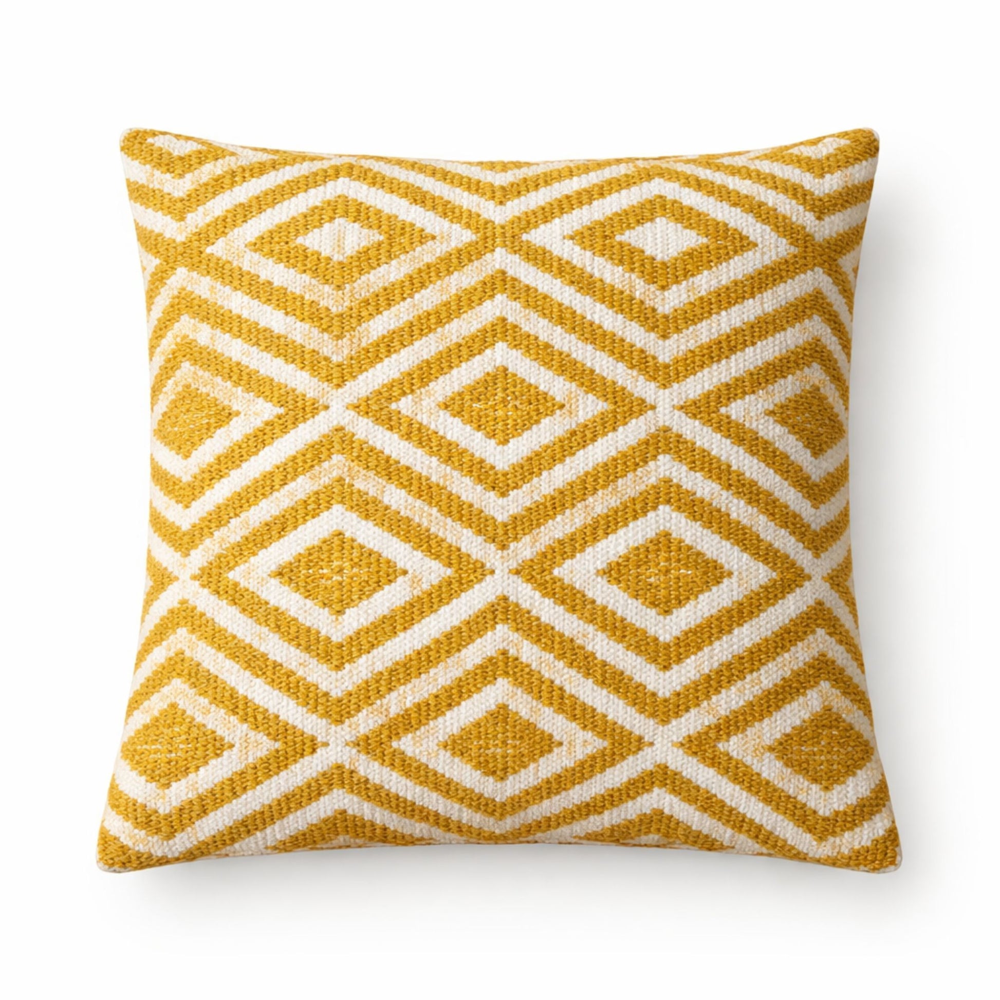 Cojín amarillo con diseño geométrico en blanco, textura de tejido, ideal para decoración moderna.
