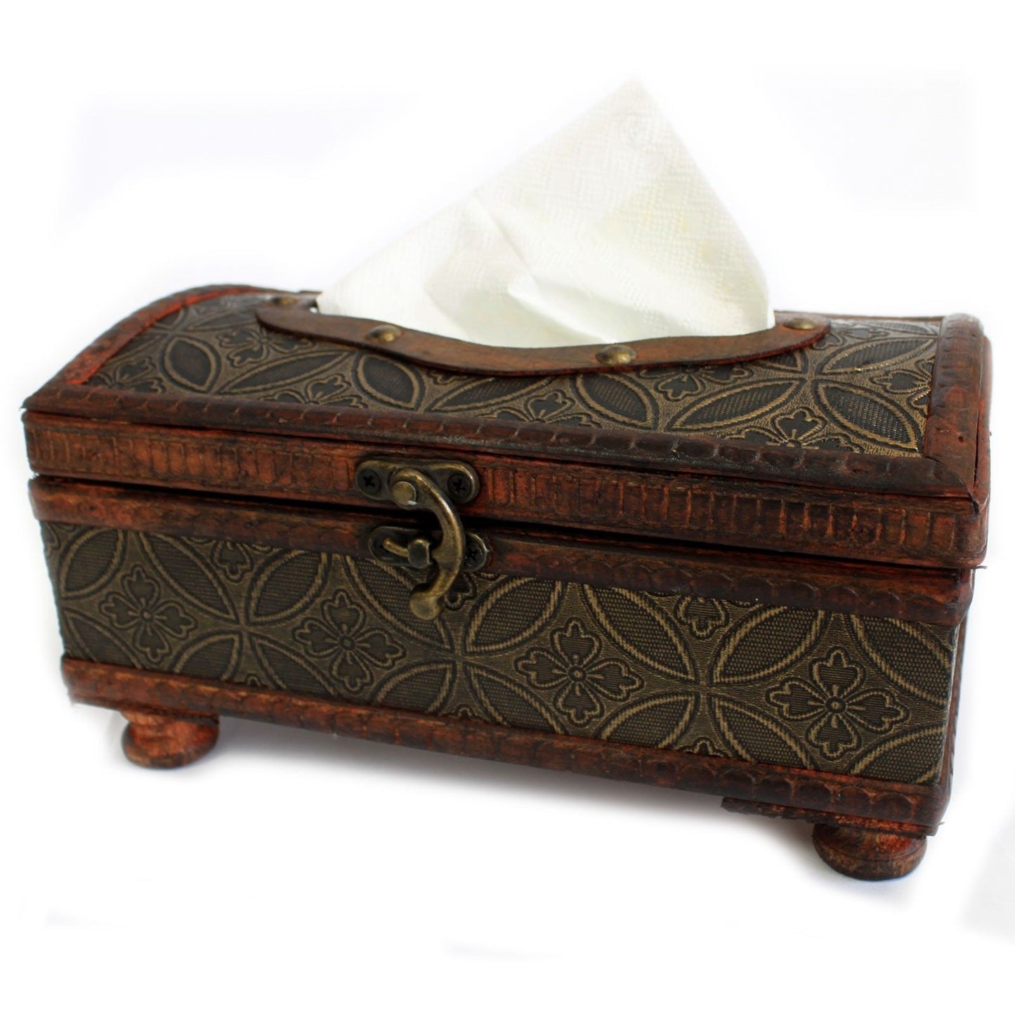 Caja de tela para pañ tissues en marrón con detalles dorados y base de madera, estilo vintage y elegante.