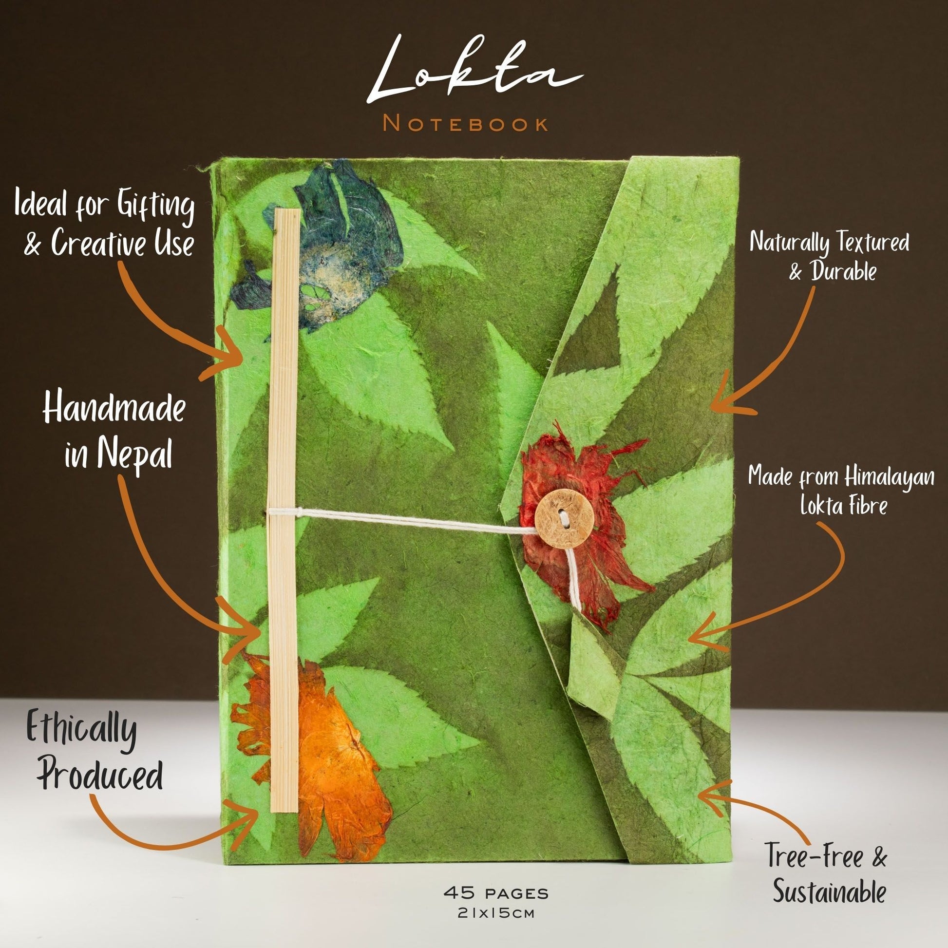 Cuaderno de Lokta verde, texturizado, hecho a mano en Nepal, 45 páginas, sostenible y libre de árboles.