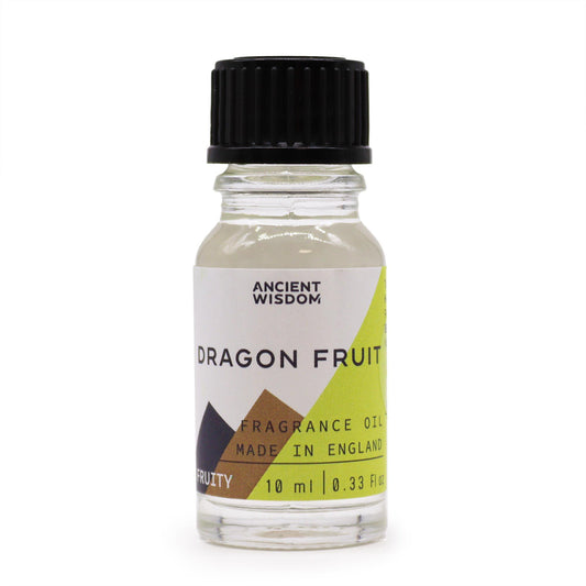 Frasco de cristal de 10ml con tapa negra y etiqueta blanca que dice "Dragon Fruit", aceite aromático sobre fondo blanco.