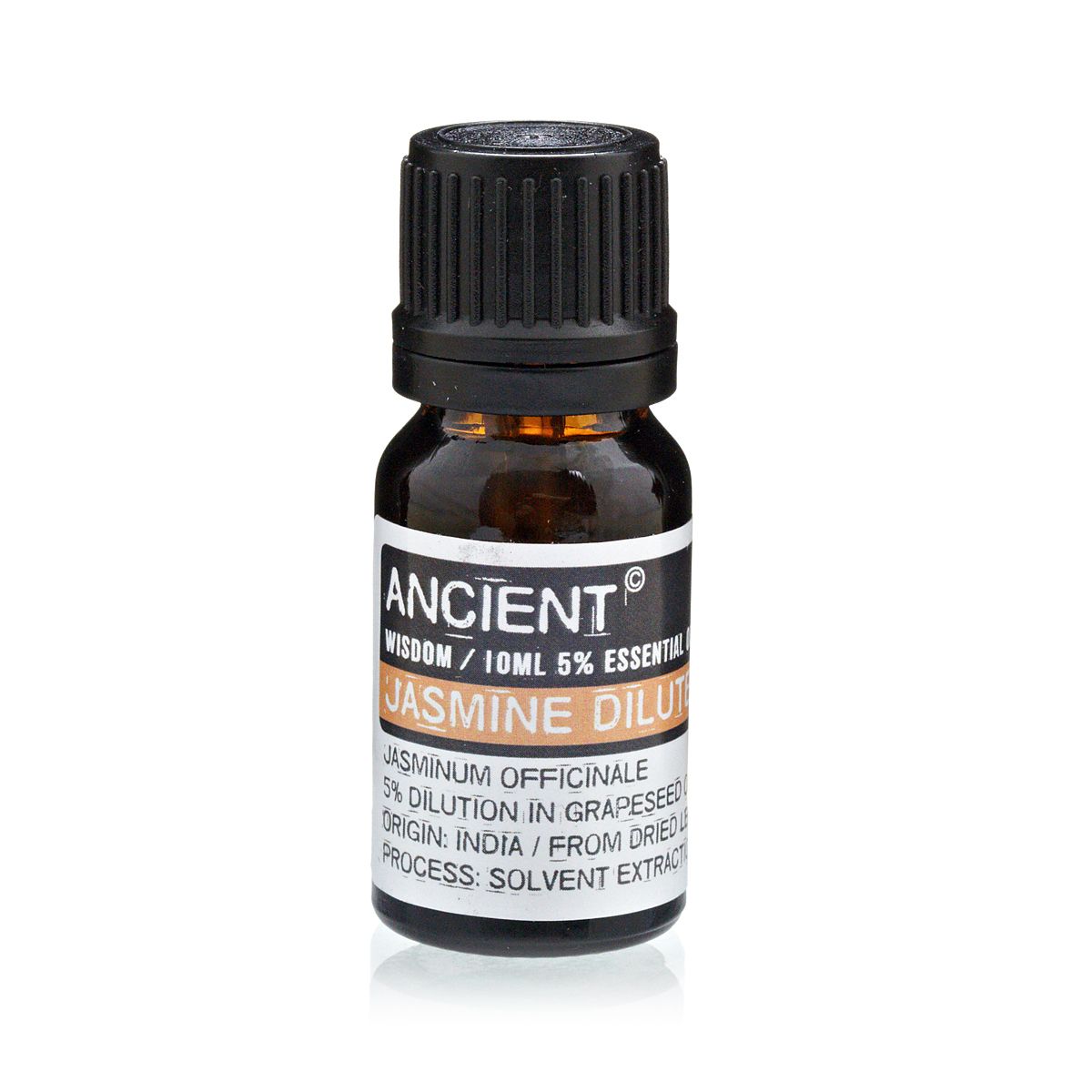 Aceite esencial diluido de jazmín, 10 ml, con un 5% en aceite de uva, proveniente de India. Frasco oscuro con tapa negra.