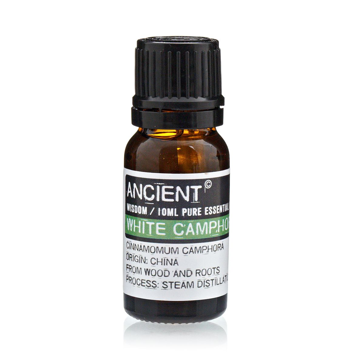 Aceite esencial de alcanfor blanco en botella ámbar de 10 ml; aroma fuerte, puro, origen en China.