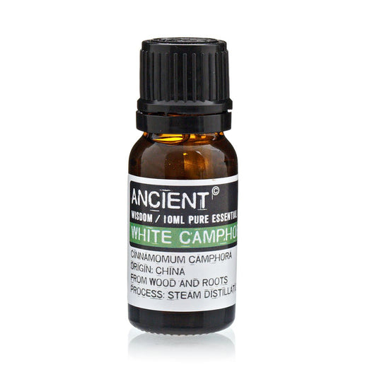 Aceite esencial de alcanfor blanco en botella ámbar de 10 ml; aroma fuerte, puro, origen en China.