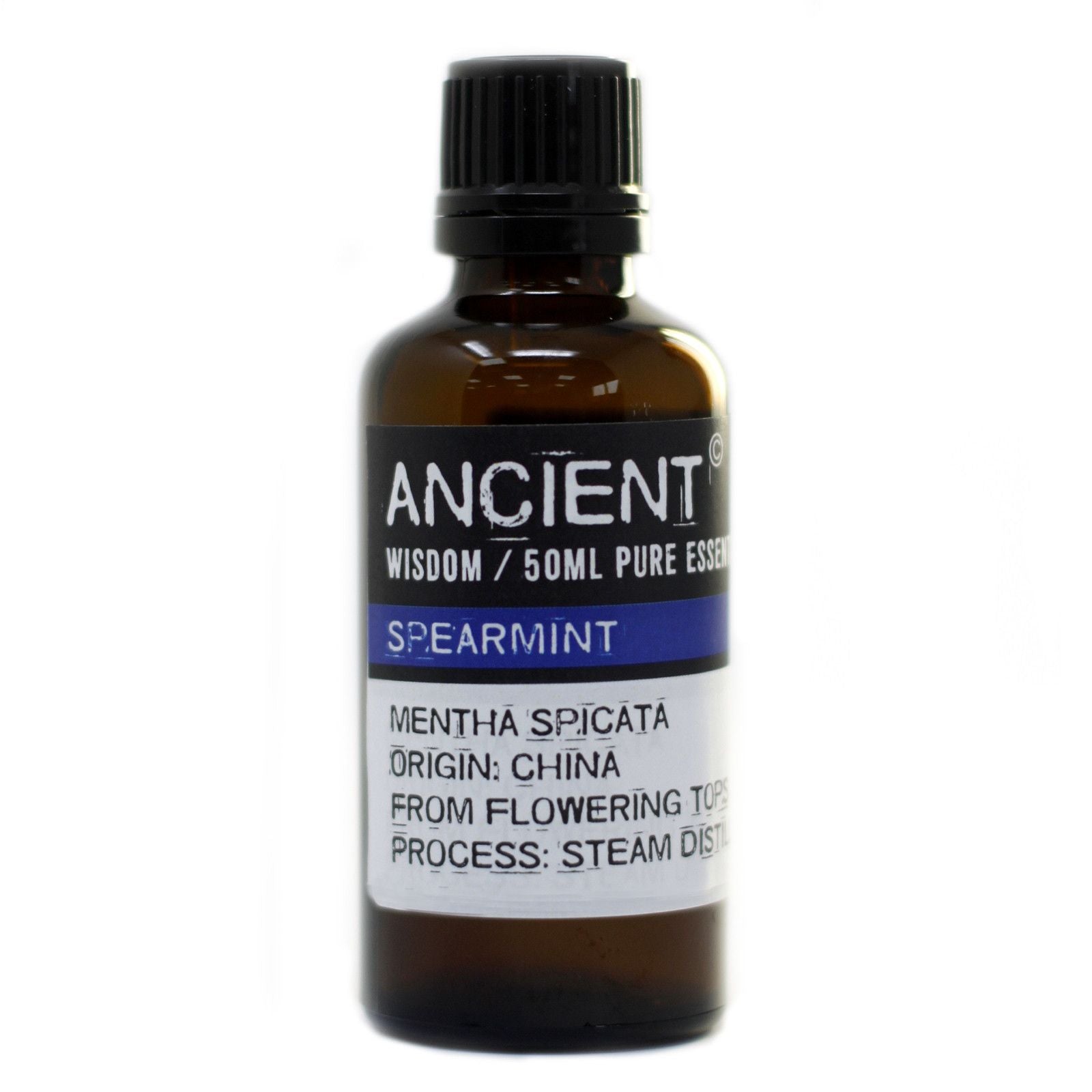 Aceite esencial de menta, 50ml, color ámbar, frasco de vidrio, aroma fresco y revitalizante.