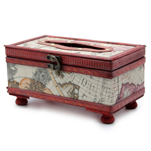 Caja decorativa de madera con diseño antiguo de mapas, color rojo y detalles en relieve, ideal para almacenamiento.