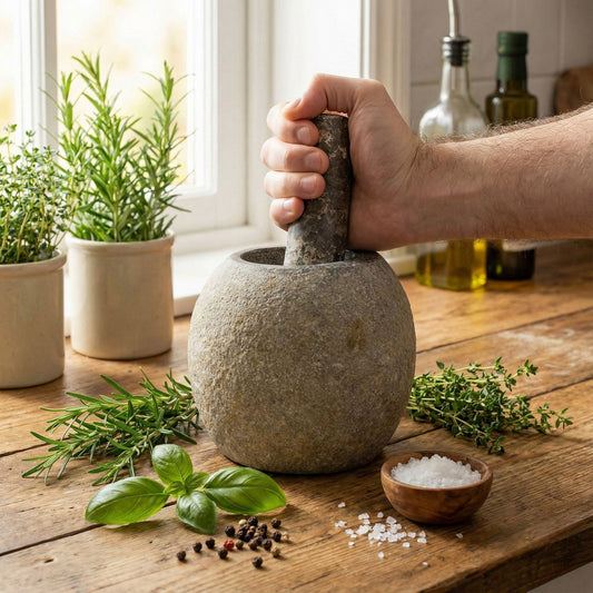 Mortero de piedra gris con mano, hierbas frescas y sal, ideal para cocinar y preparar condimentos.