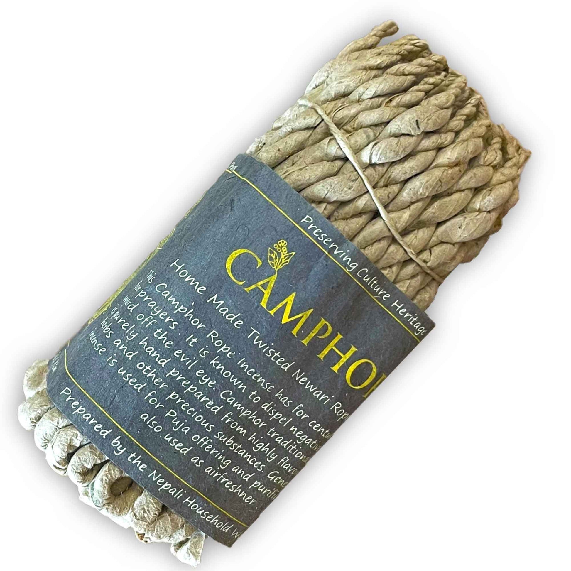 Cuerda de camphora hecha a mano, color natural, trenzada, envuelta en papel negro con texto dorado.