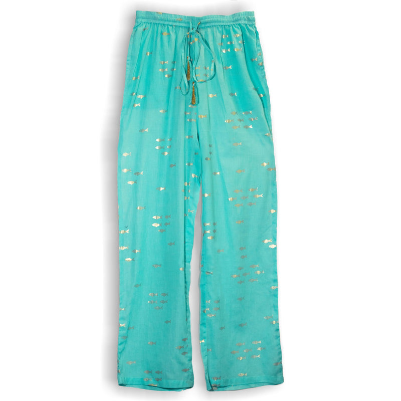 (ML) Colección Nómada Sari Mediterráneo - Pantalones - Diseño de Peces en Turquesa y Oro