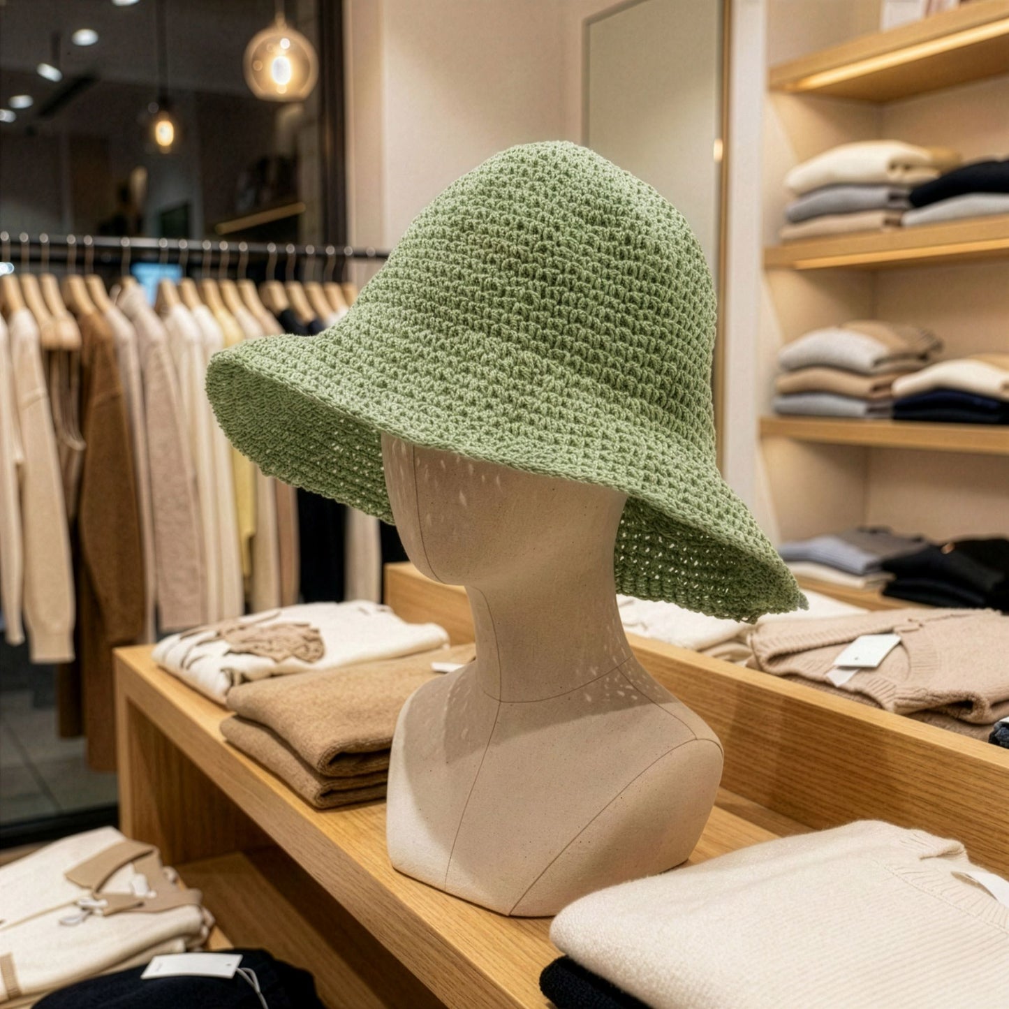 Sombrero de rafia verde claro, estilo bohemio, ideal para verano, dispuesto en tienda de moda.