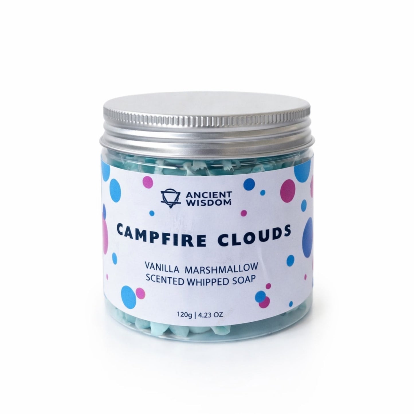 Jabón aromático batido "Campfire Clouds" de vainilla y malvavisco en frasco de 120g, color azul y decoraciones multicolores.