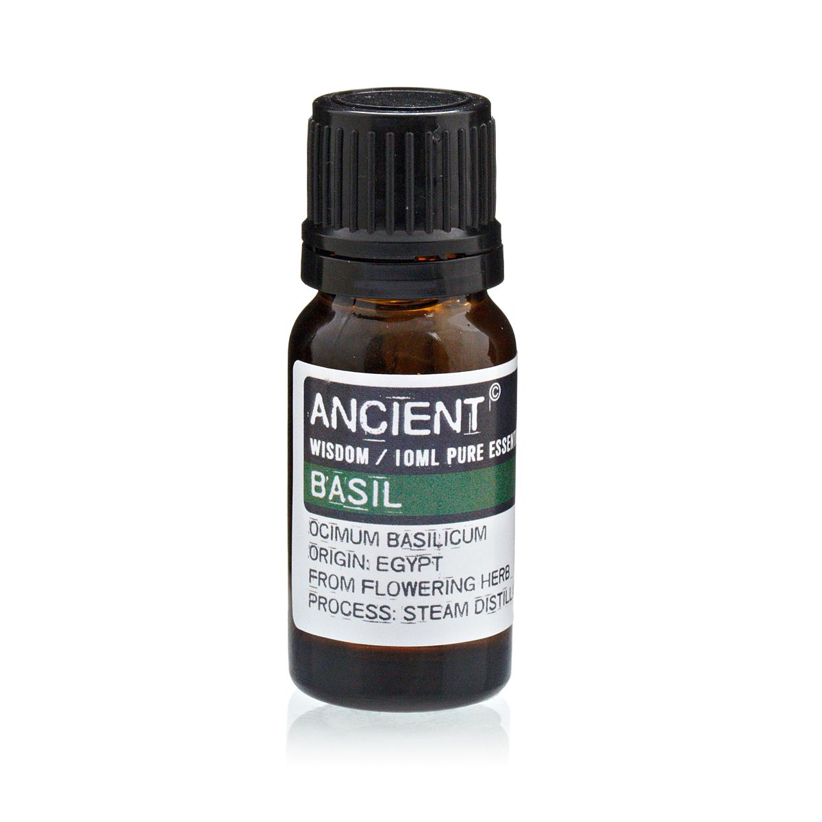 Aceite esencial de albahaca 10ml, color ámbar, frasco de vidrio, style clásico, origen: Egipto, destilación al vapor.