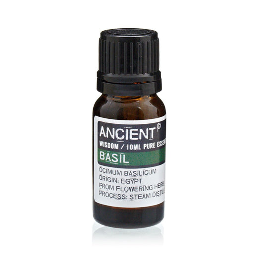 Aceite esencial de albahaca 10ml, color ámbar, frasco de vidrio, style clásico, origen: Egipto, destilación al vapor.