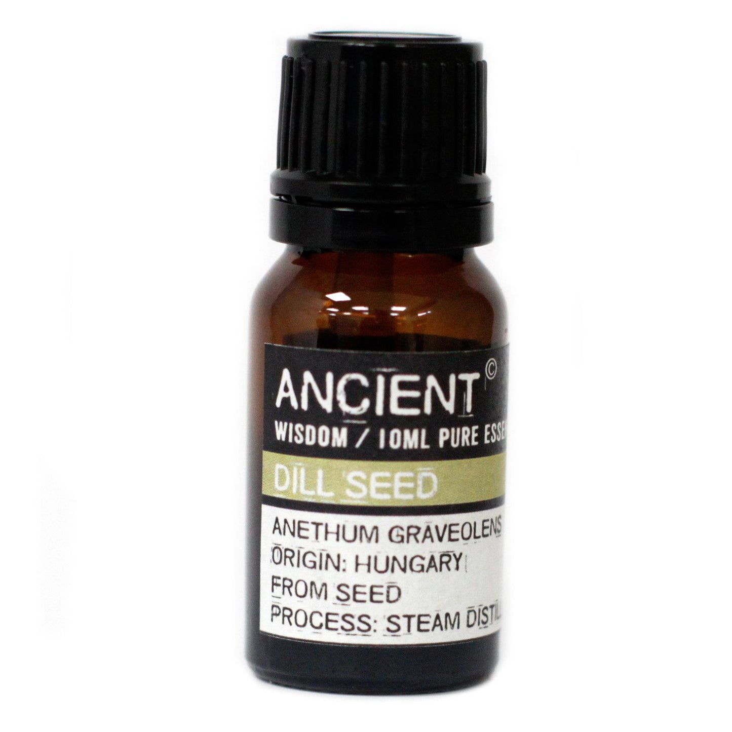 Aceite esencial de semilla de eneldo 10ml, color ámbar, botella de vidrio, origen Hungría, destilado por vapor.