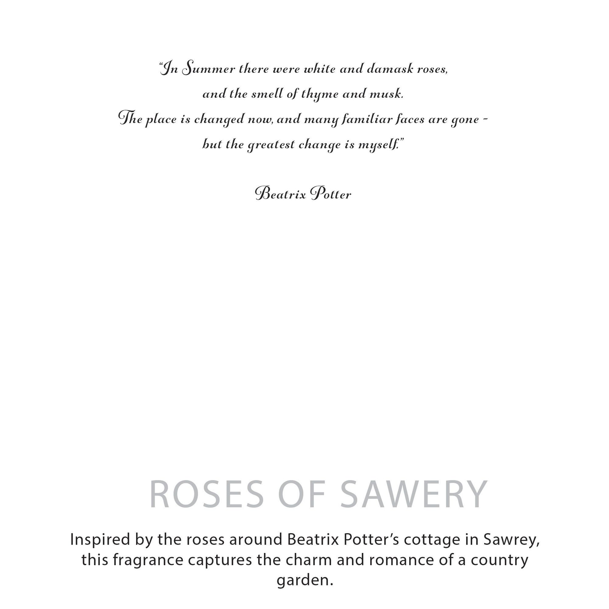 Perfume inspirado en las rosas de Sawrey, frasco elegante, aroma floral, botella blanca con detalles dorados.