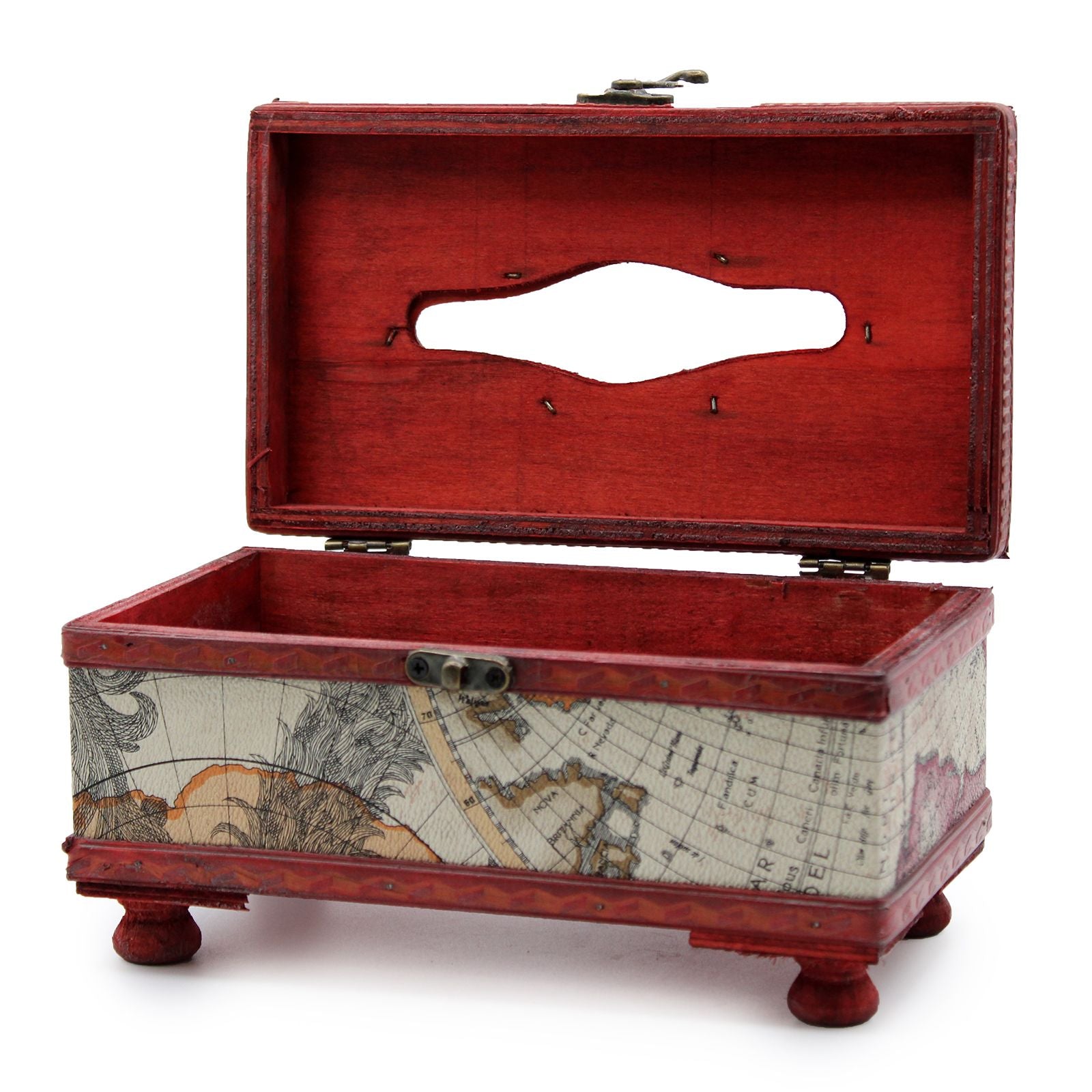 Caja de madera roja con diseño de mapa, interior claro, estilo vintage, ideal para almacenamiento de joyas.