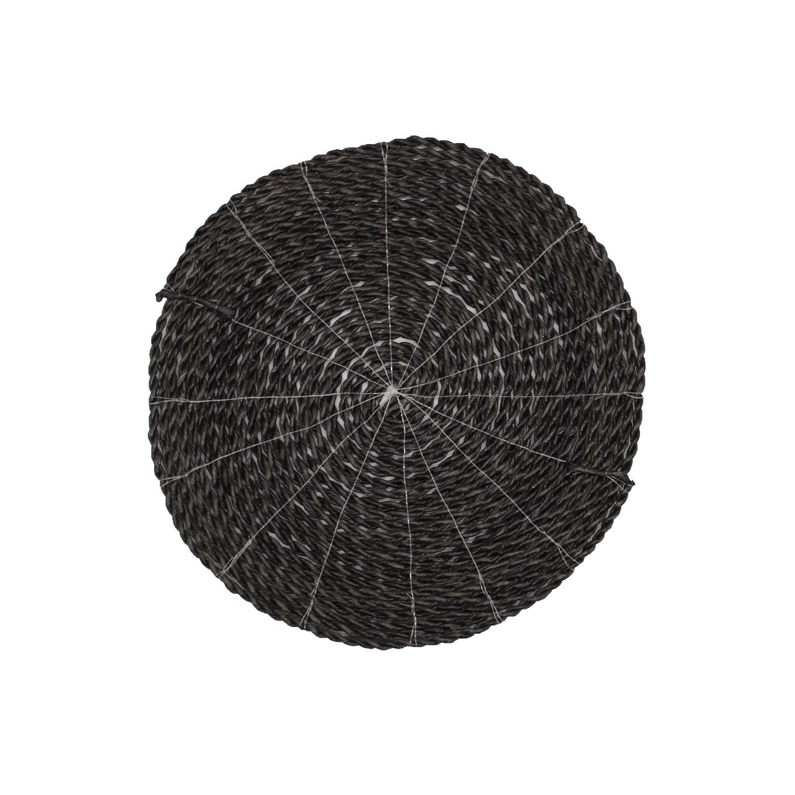Alfombra circular de yute negro trenzado, estilo bohemio, perfecta para decorar espacios modernos.