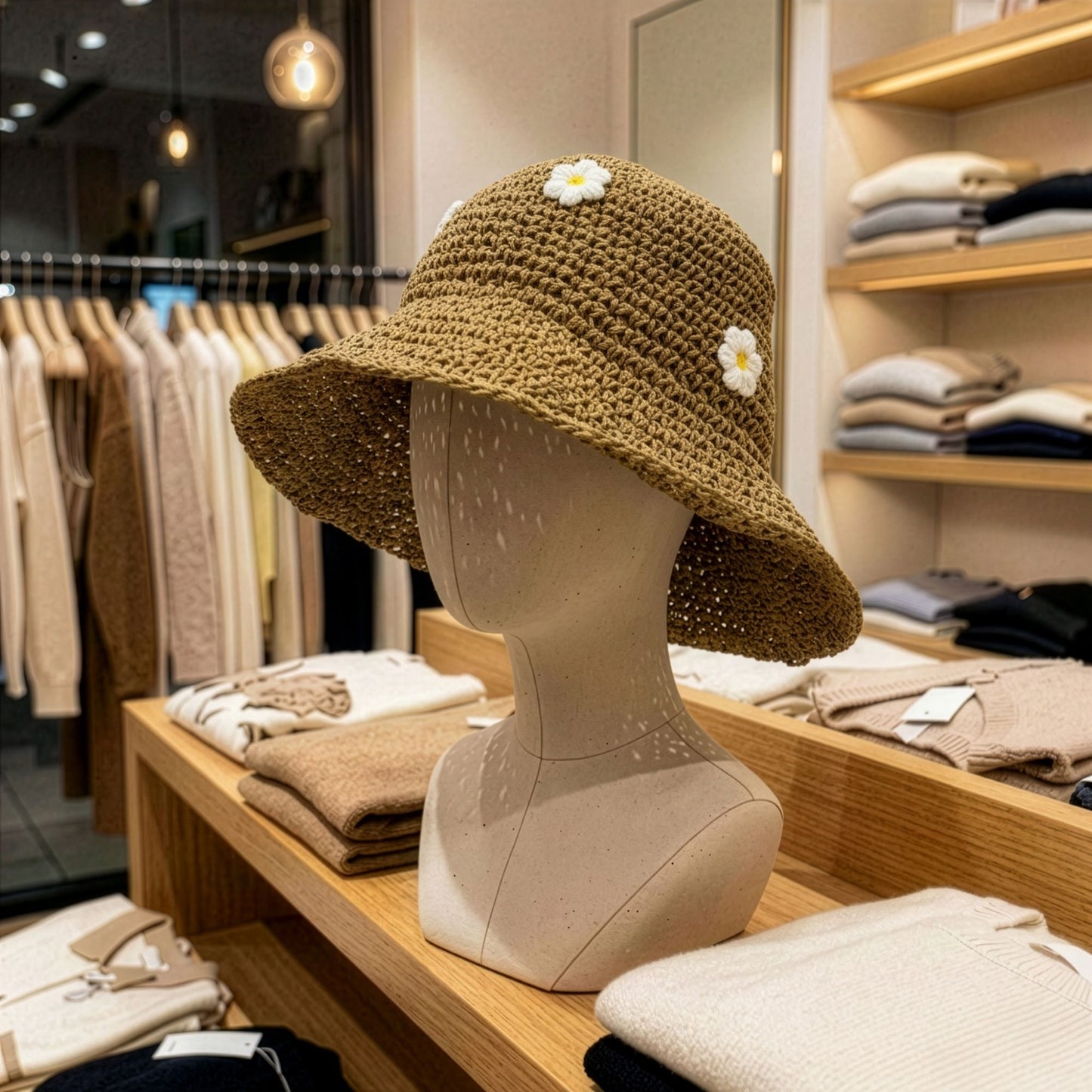 Sombrero de paja trenzada color marrón con flores blancas, estilo bohemio, ideal para primavera-verano.