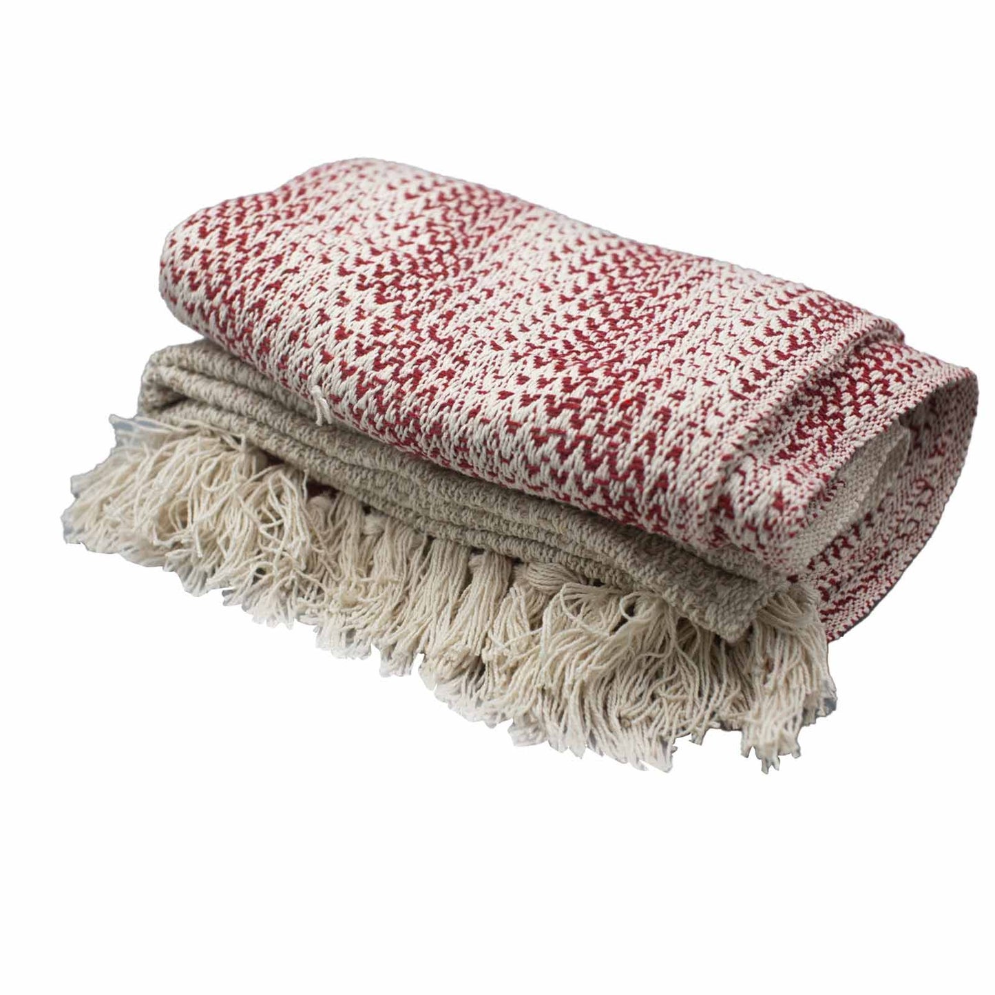 Manta de algodón roja con diseño tejido y flecos, ideal para decoración moderna y acogedora.