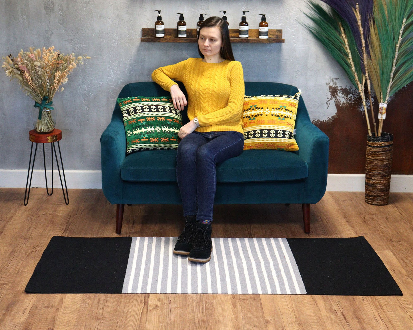 Alfombra India de Algodón - 70x170cm - Negro / Gris