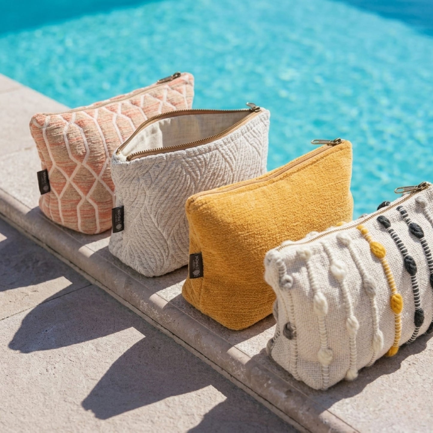 Bolsas de maquillaje tejidas en tonos rosa, blanco, mostaza y gris, ideales para pool party.