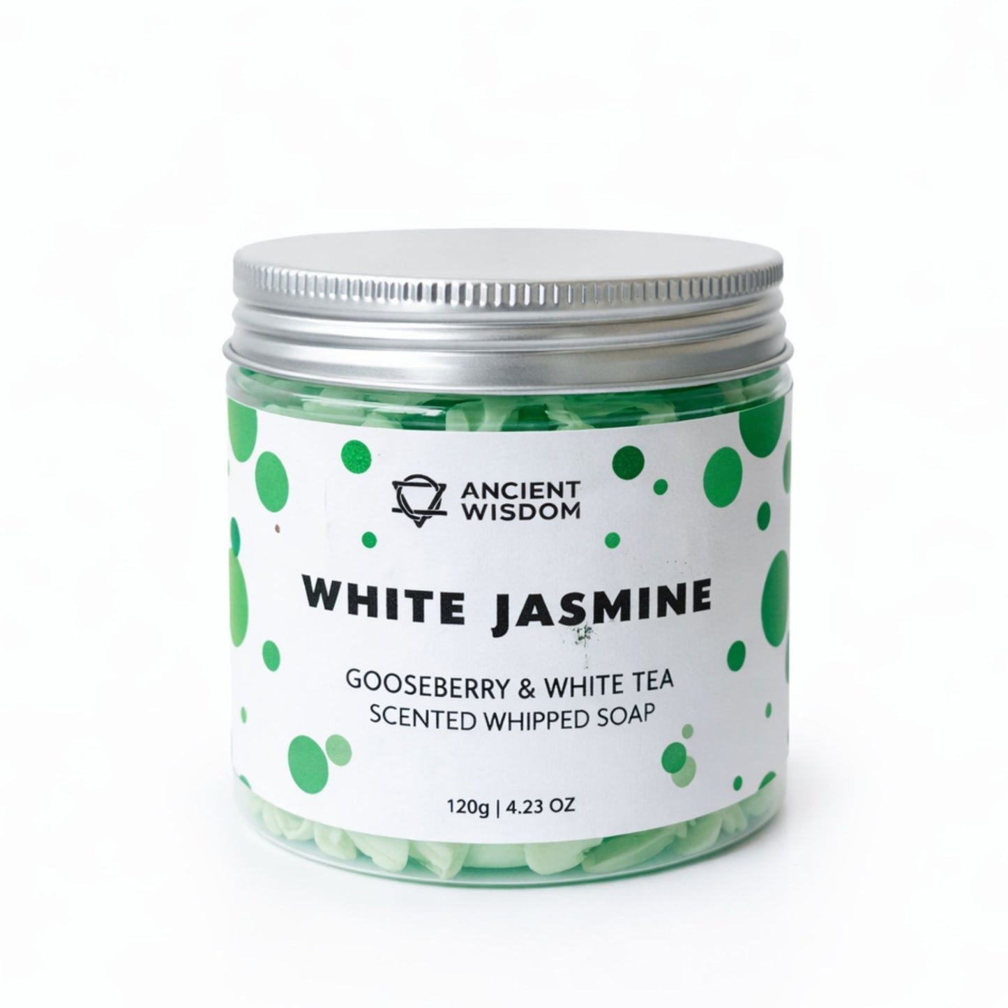 Jabón batido perfumado "Jazmín Blanco" con té blanco y grosella, en frasco metálico verde y blanco de 120g.