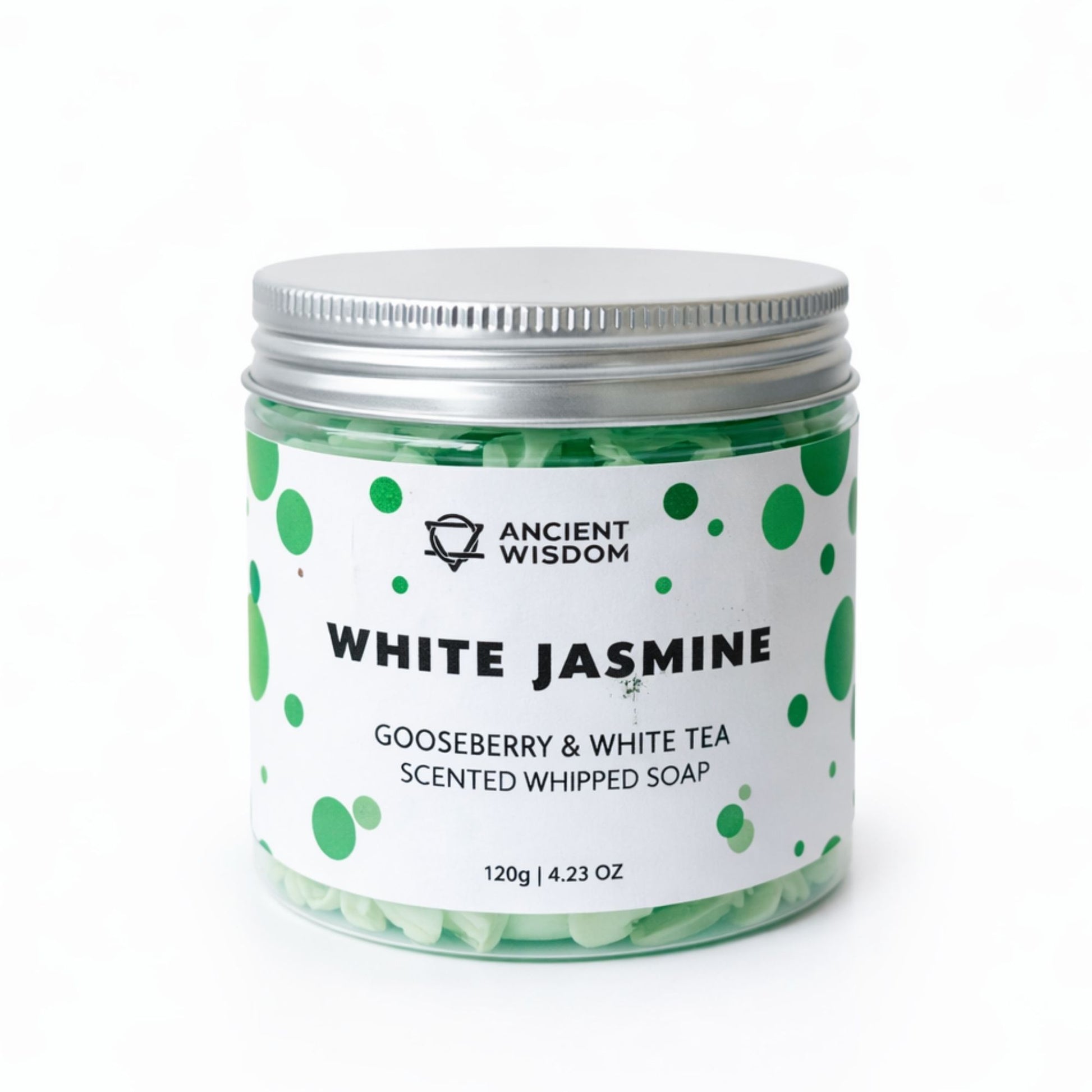 Jabón batido perfumado "Jazmín Blanco" con té blanco y grosella, en frasco metálico verde y blanco de 120g.