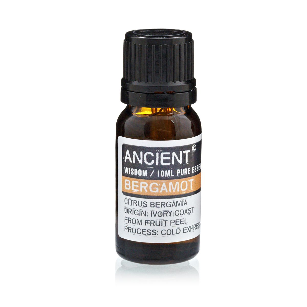 Aceite esencial de bergamota, color ámbar, frasco de vidrio, 10 ml, origen Costa de Marfil, extracción en frío.