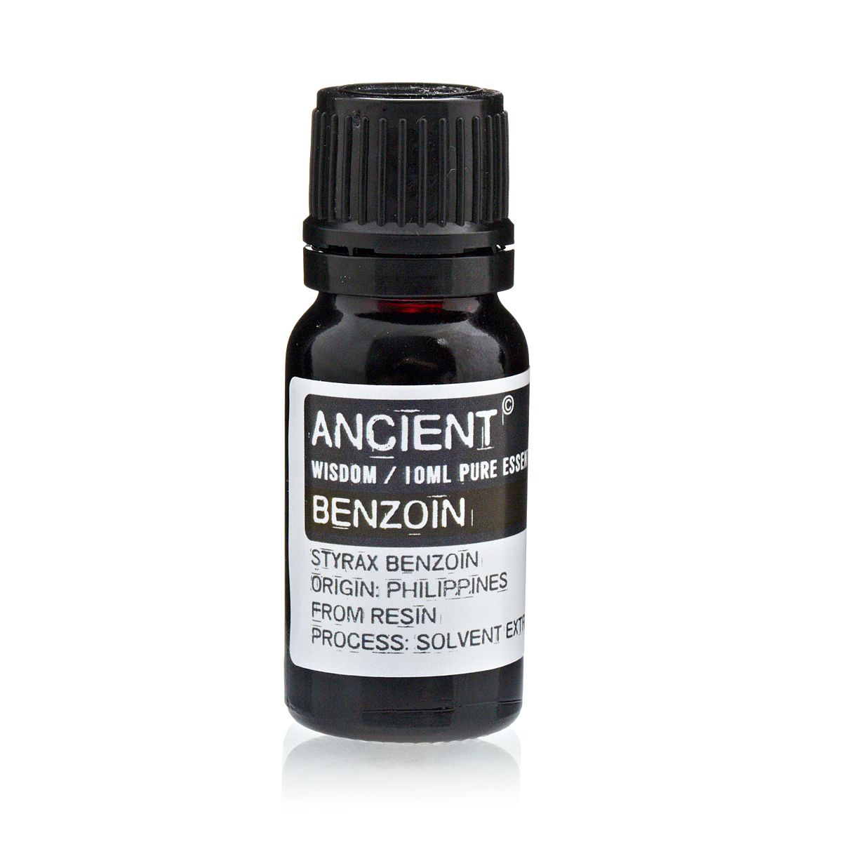 Aceite esencial de benjuí puro, envase negro de 10 ml, originario de Filipinas, obtenido de resina.