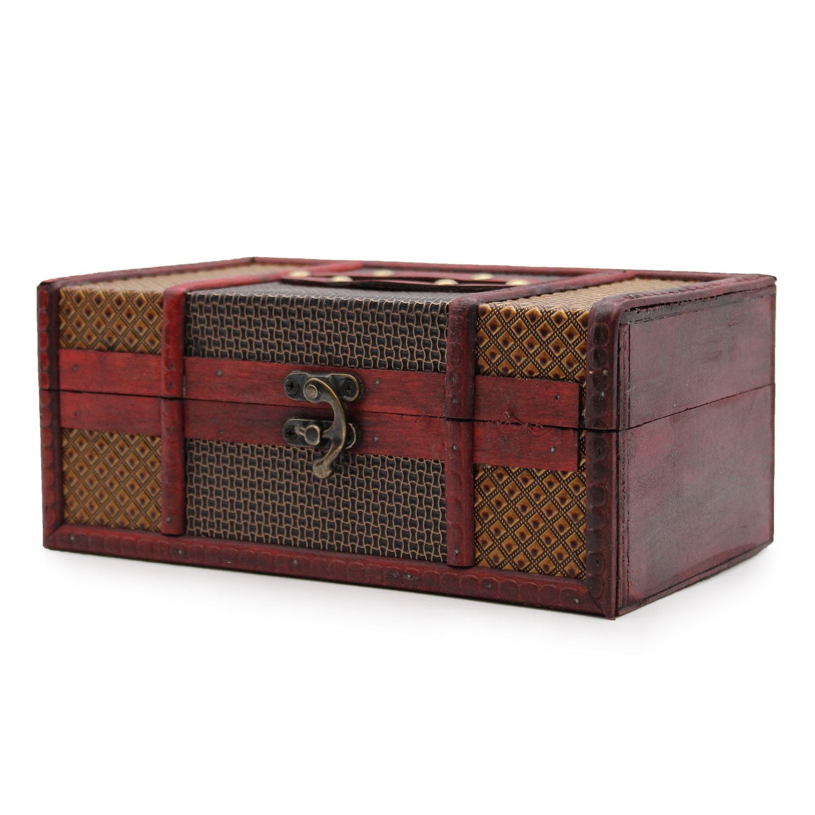 Caja decorativa de madera roja con detalles de mimbre y cierre metálico, estilo vintage y diseño artesanal.