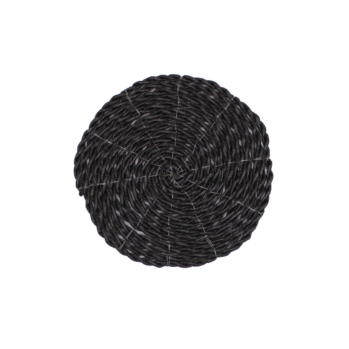 Salvamanteles redondo de ratán negro trenzado, estilo rústico, ideal para mesa de comedor.