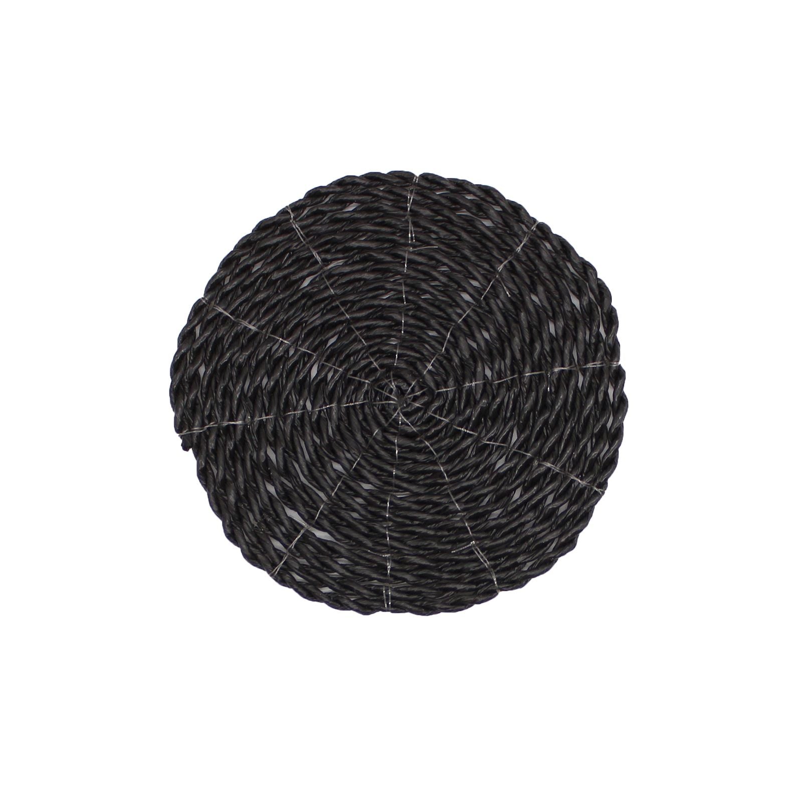 Salvamanteles redondo de ratán negro trenzado, estilo rústico, ideal para mesa de comedor.