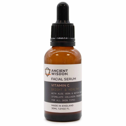 Serum facial Vitamina C Ancient Wisdom en frasco de vidrio ámbar de 30ml con tapa de gotero negra. Fondo blanco.