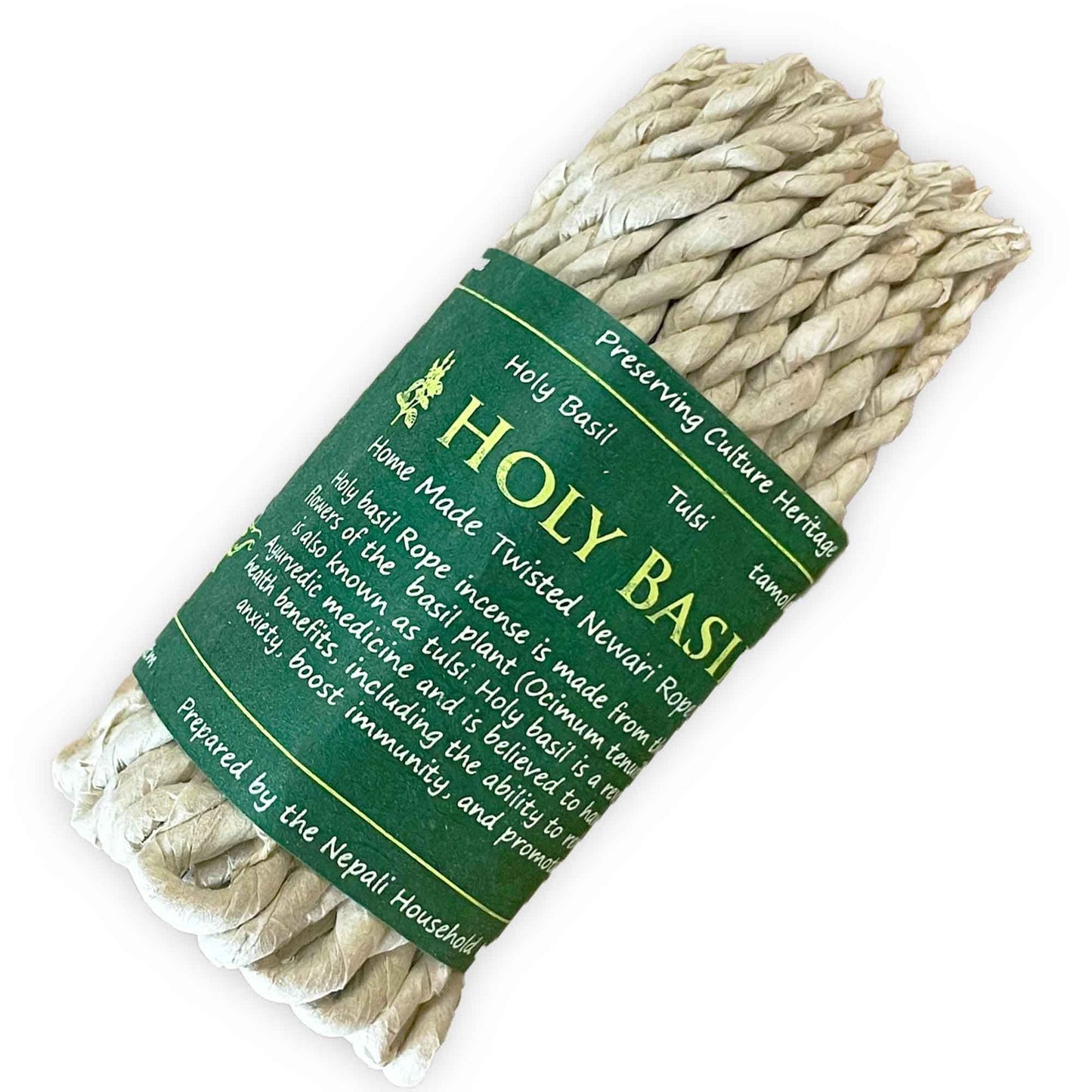 Cuerda de albahaca sagrada en tonos verdes y naturales, hecha a mano, ideal para rituales y purificación.