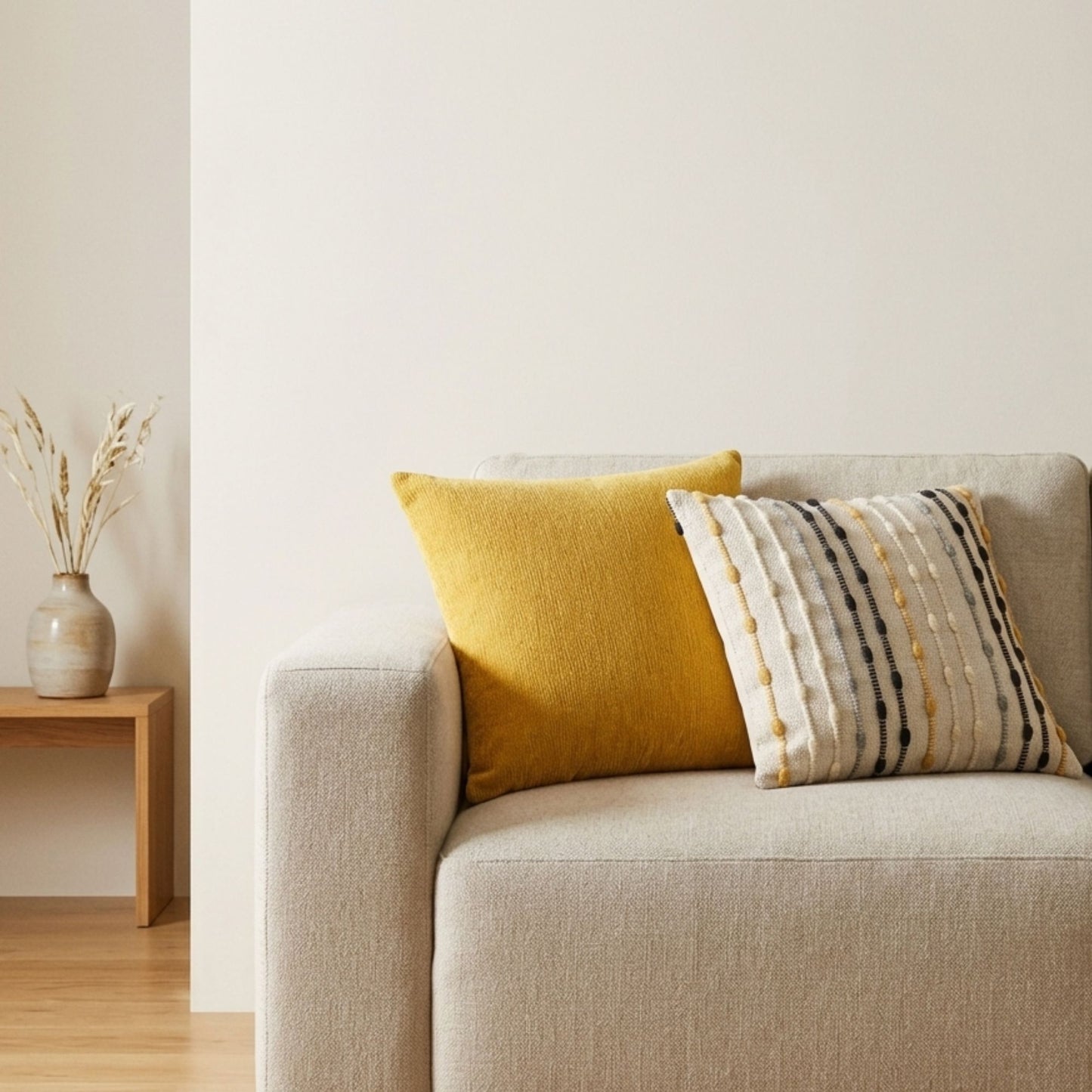 Cojines decorativos amarillos y beige en sofá gris claro, estilo moderno para sala.