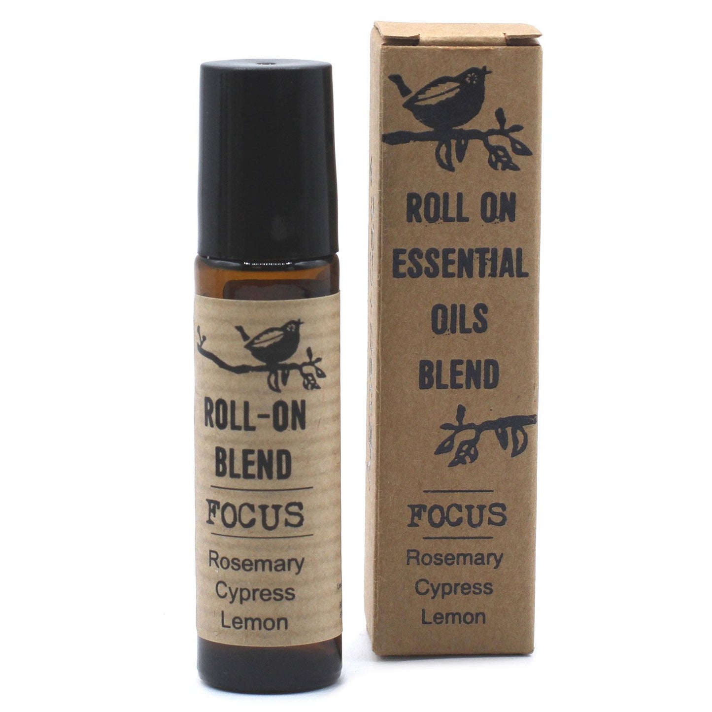 Mezcla de aceites esenciales roll-on "Enfoque", con romero, ciprés y limón. Envase de vidrio ámbar y caja de cartón.