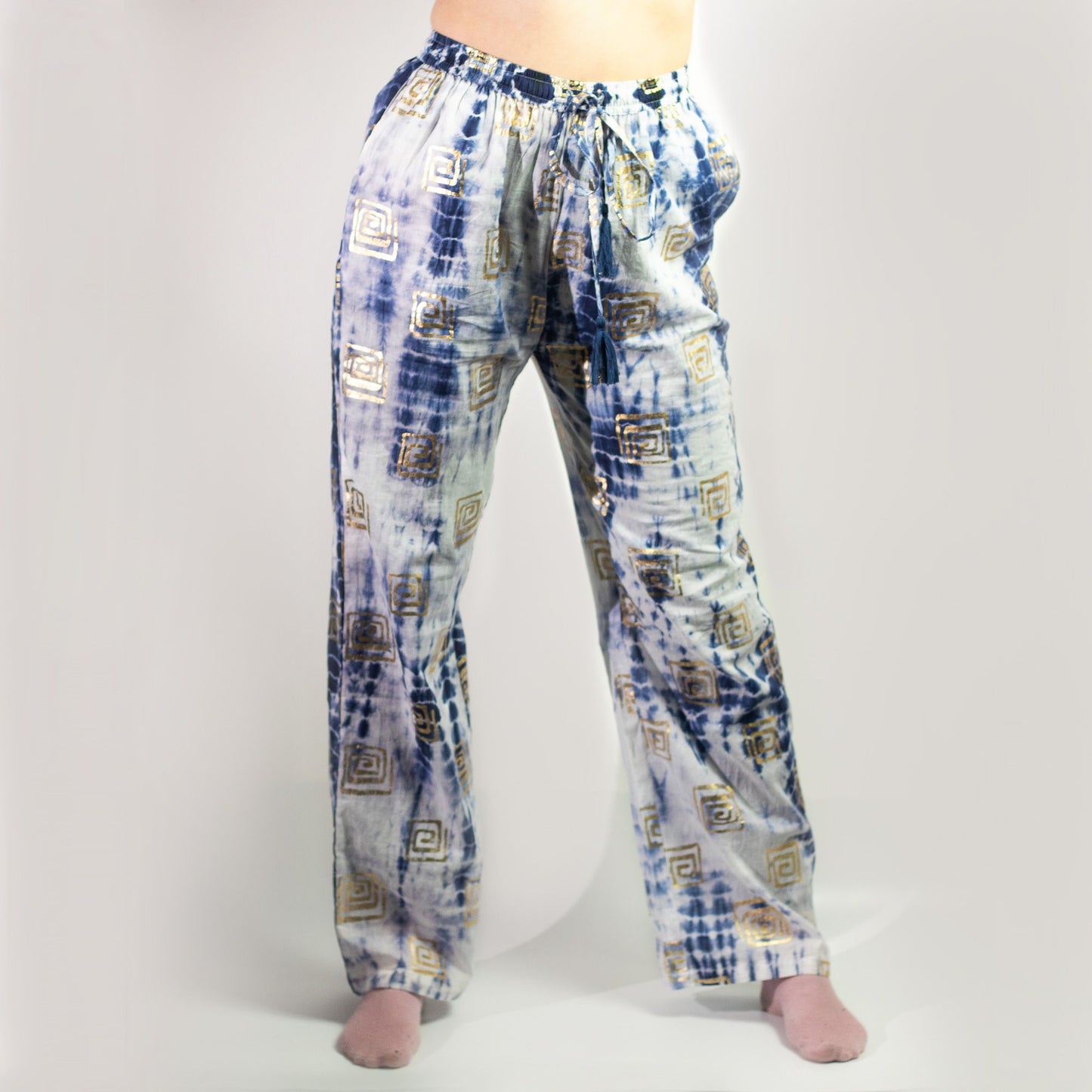 (ML) Colección Nómada Sari Mediterráneo - Pantalones - Motivo Griego en Oro y Azul