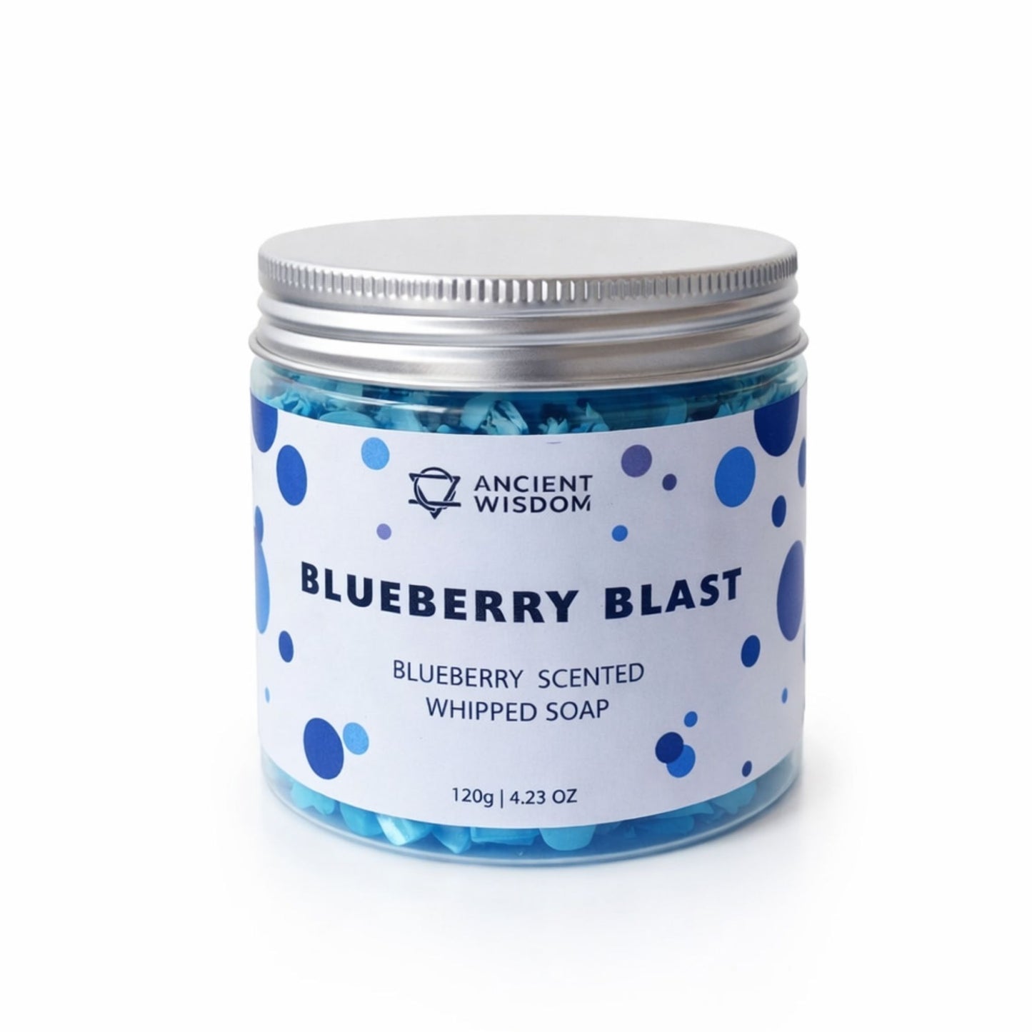 Jabón batido con fragancia a arándano, envase plástico azul y blanco, 120g, estilo moderno y divertido.