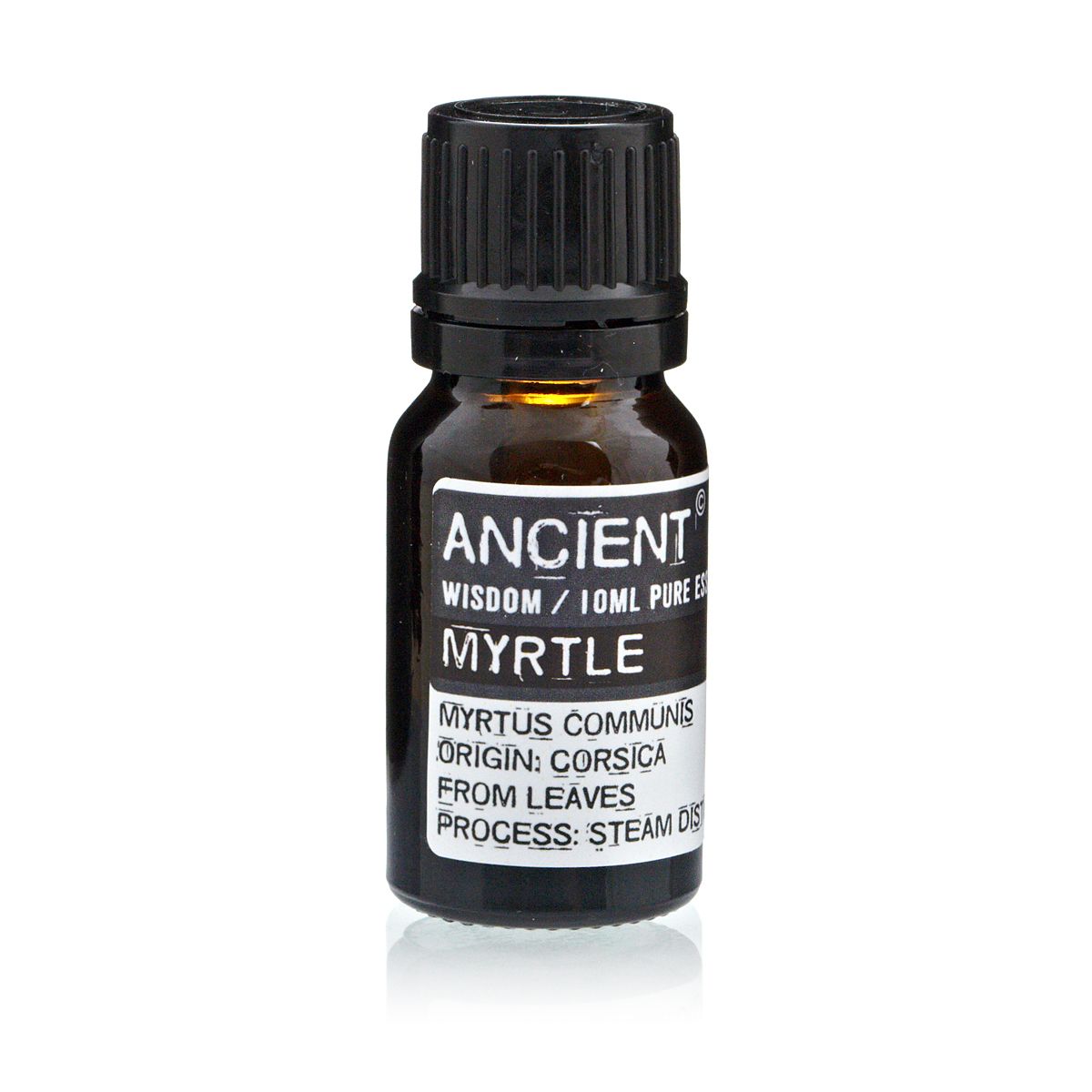 Aceite esencial de mirto 10ml, color ámbar, envase de vidrio con tapa negra, 100% puro, origen de Córcega.