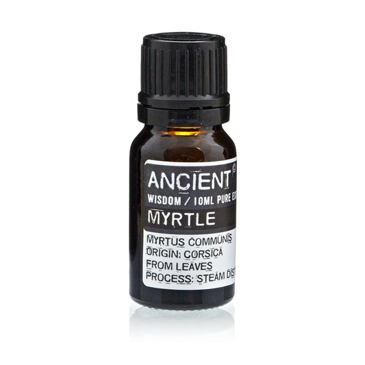 Aceite esencial de mirto 10ml, color ámbar, envase de vidrio con tapa negra, 100% puro, origen de Córcega.