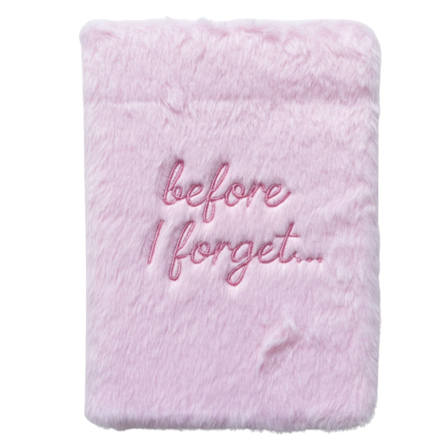 Manta de piel sintética rosa claro con bordado "before I forget..." en hilo rosa. Suave y acogedora.