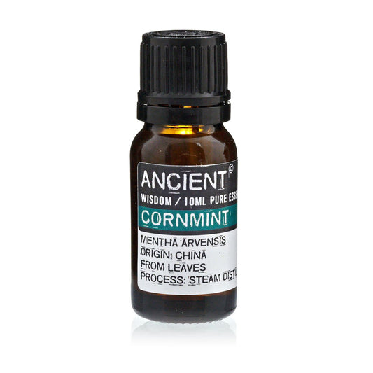 Aceite esencial de menta cornamenta 10ml, color ámbar, botella de vidrio, aroma fresco y revitalizante.
